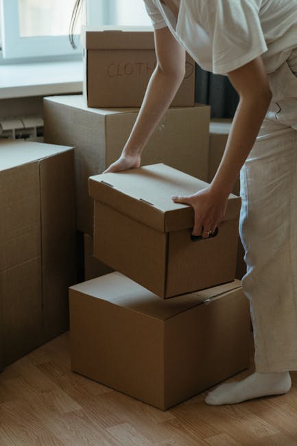 A person wearing light-colored clothing, including a white t-shirt and beige pants, is shown moving a cardboard box in a bright, spacious room with natural light coming through a large window. The individual is holding the box with both hands, preparing to place it onto or lift it from other stacked boxes of varying sizes. One of the boxes in the background has the word 'CLOTHES' written on it. The scene captures the inside of a property during a home relocation, with cardboard packing materials and household items ready for transport. The boxes are arranged on a light wooden floor near a window, suggesting a packing or unpacking process as part of furniture transport or house removals managed by Man and Van Islington, serving the Canonbury and Barnsbury areas.
